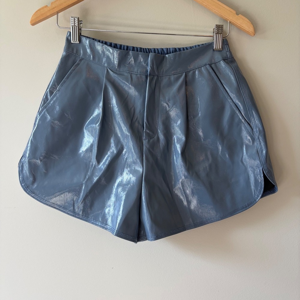 Grey Lab Womens Metallic Faux Leather Pleated Shorts Slate Blue Size S NWT